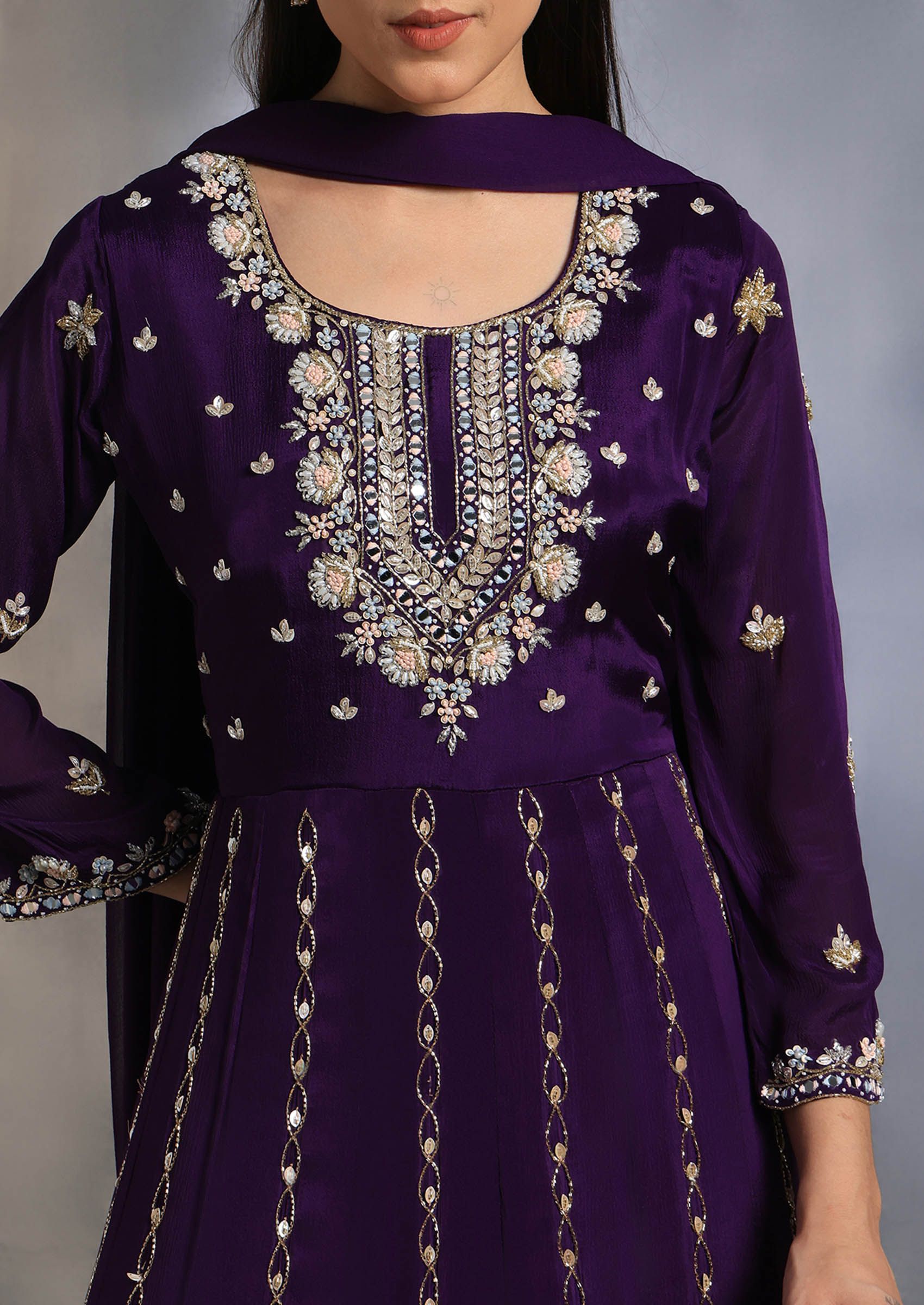 Purple Floral Cutdana Sequin Embellished Anarkali Kurta Set With Dupatta