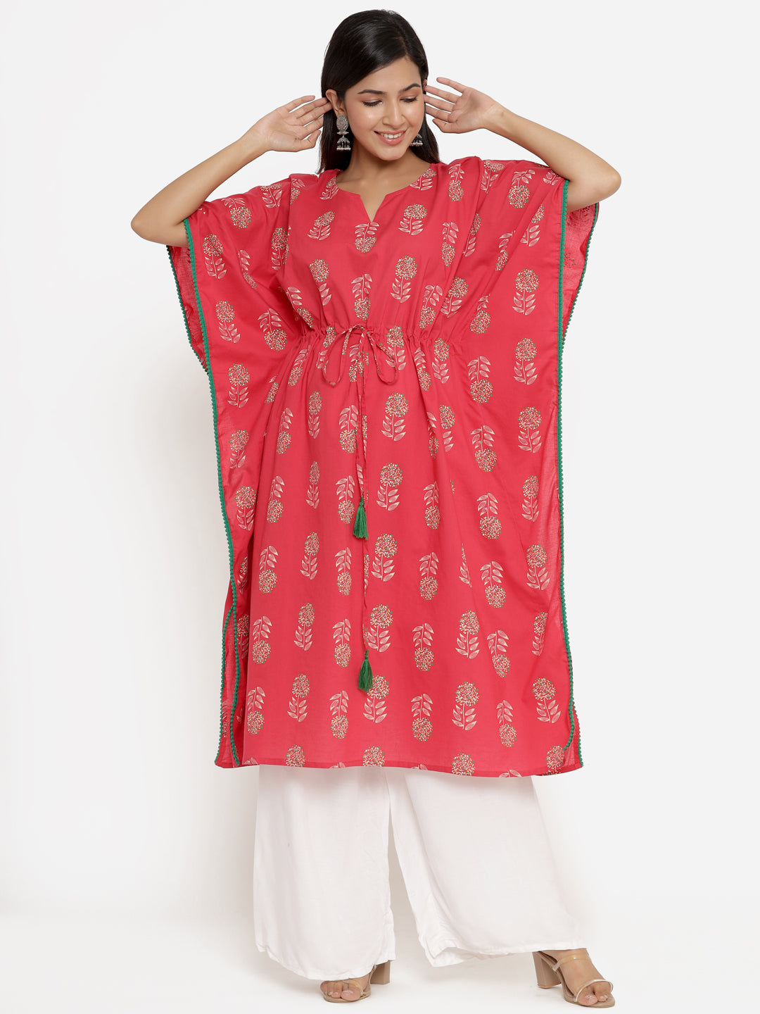 Red Printed Extended Sleeves Kaftan