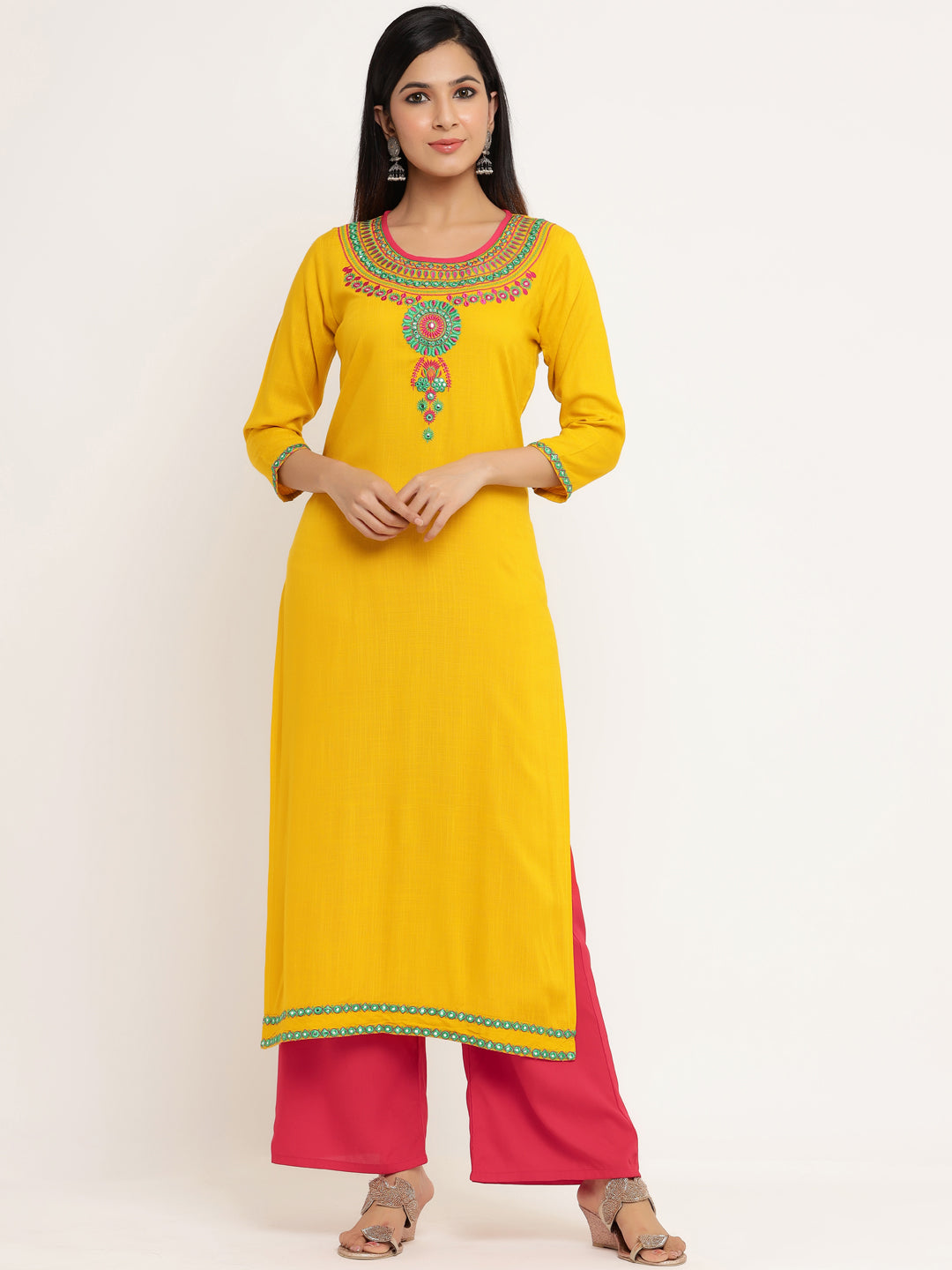 Yellow Rayon Embroidered Straight Kurti