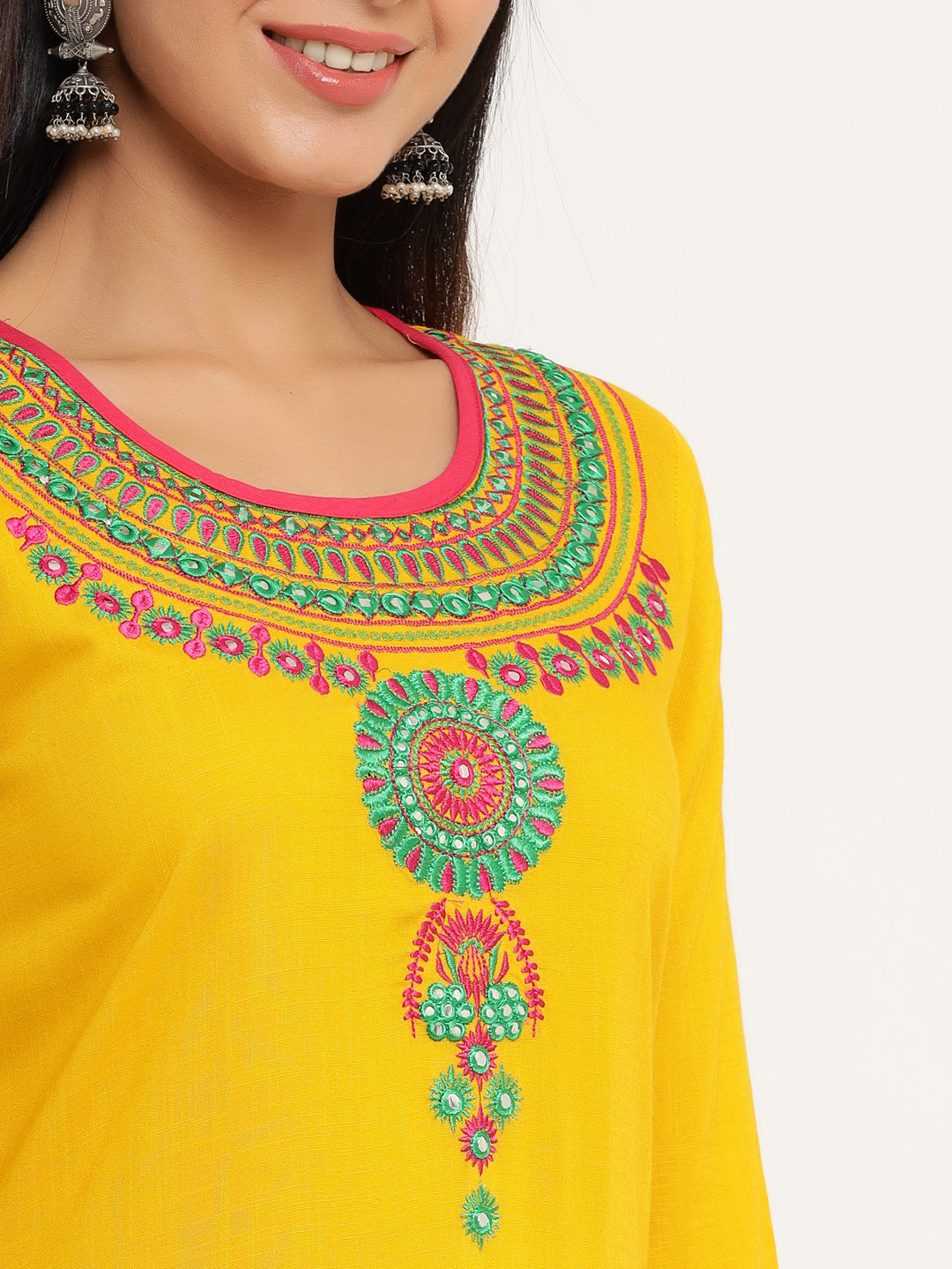 Yellow Rayon Embroidered Straight Kurti