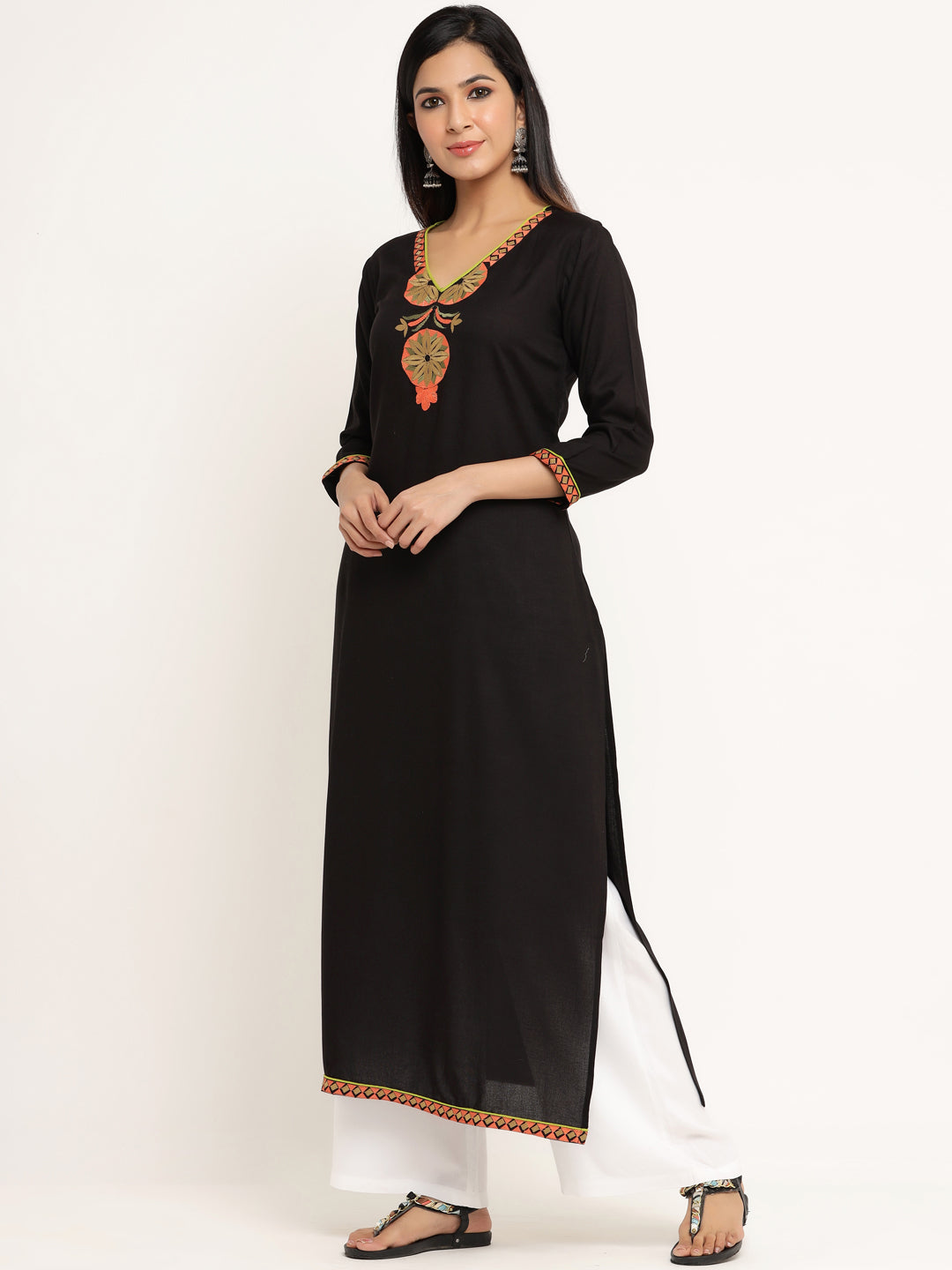 Black Rayon Embroidered Straight Kurti