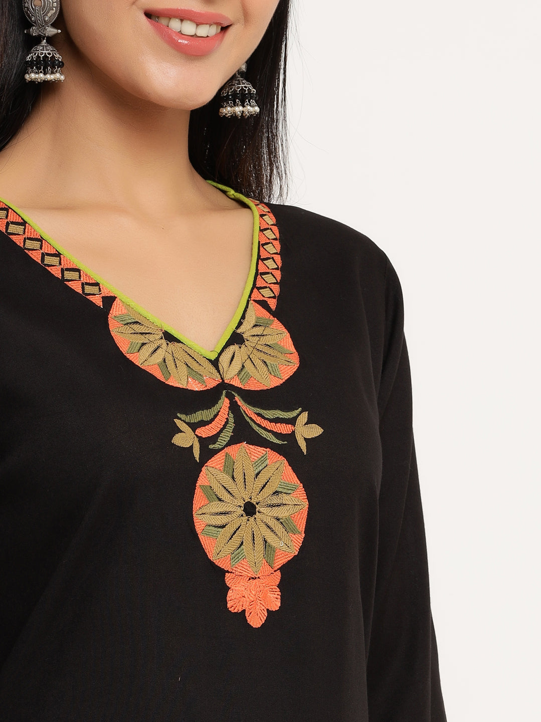Black Rayon Embroidered Straight Kurti