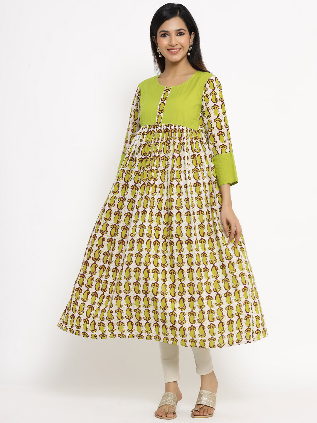 Green & Crème Printed Cotton A-Line Kurta