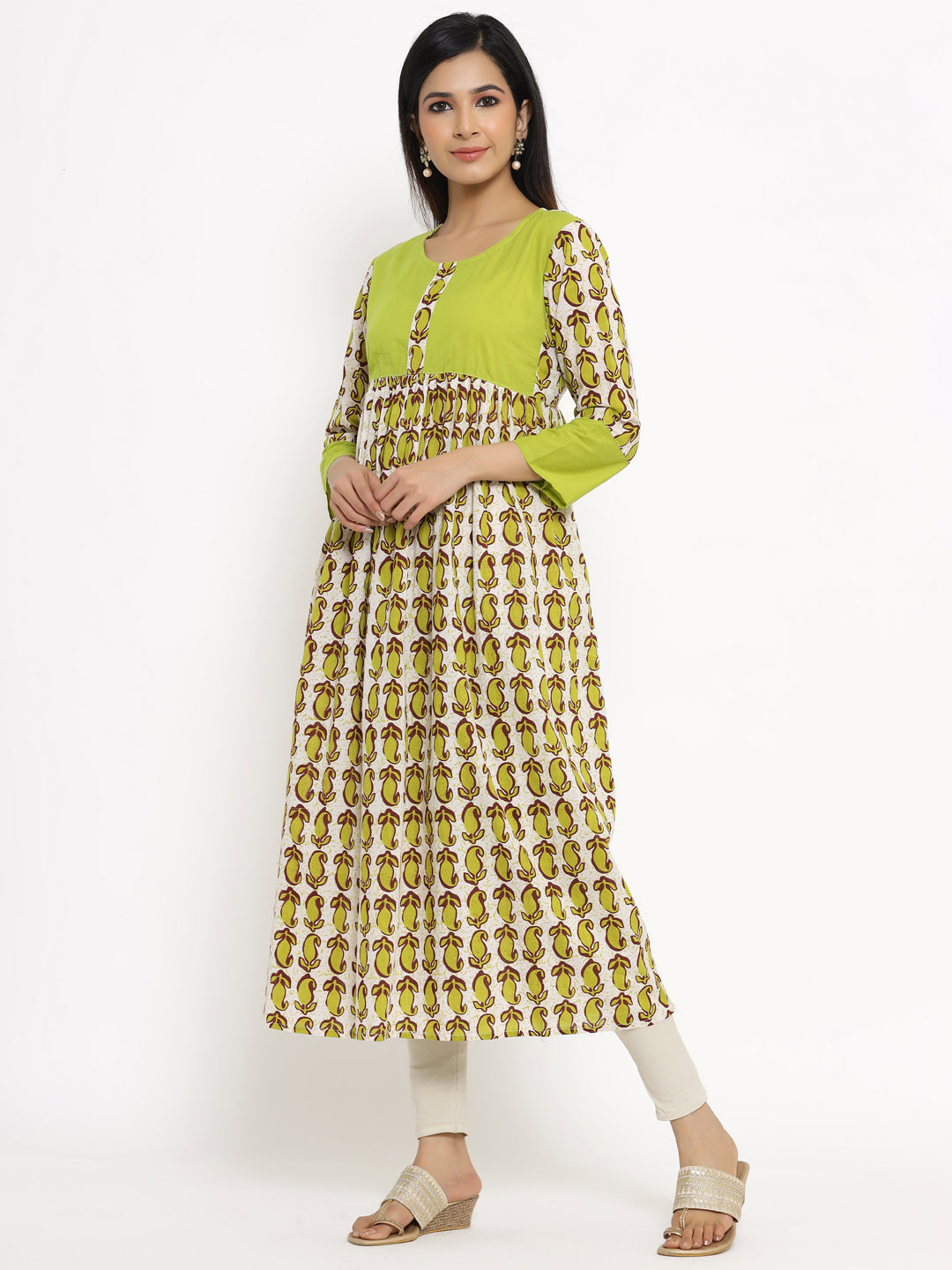 Green & Crème Printed Cotton A-Line Kurta