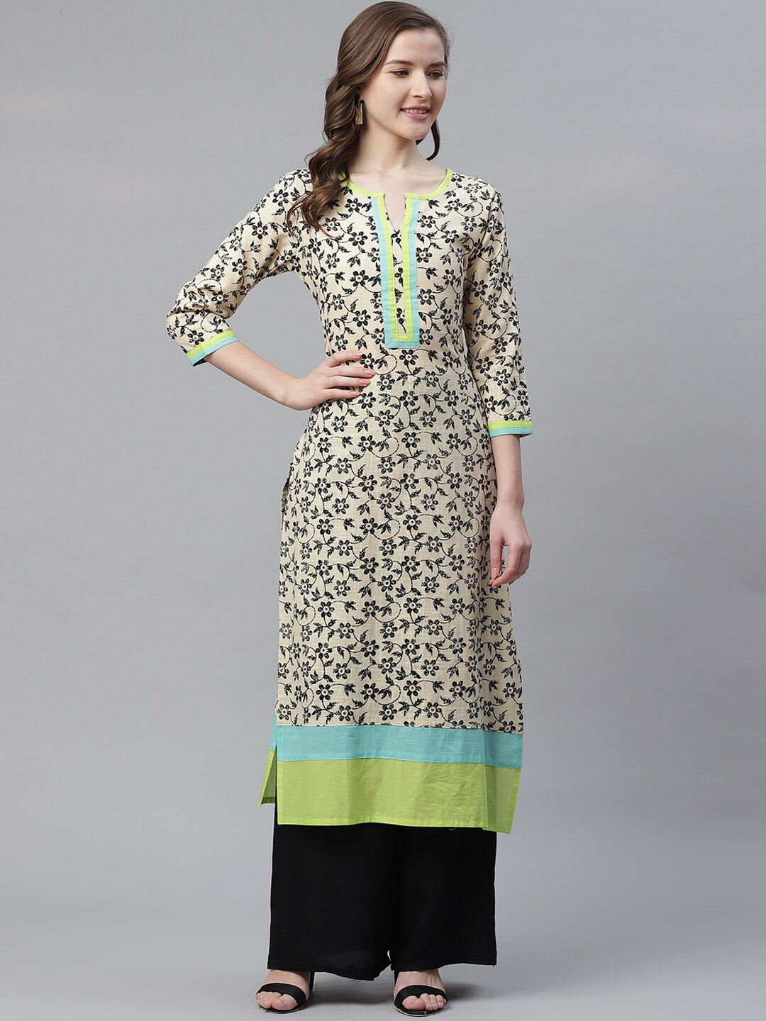 Beige & Black Floral Printed Cotton Kurta