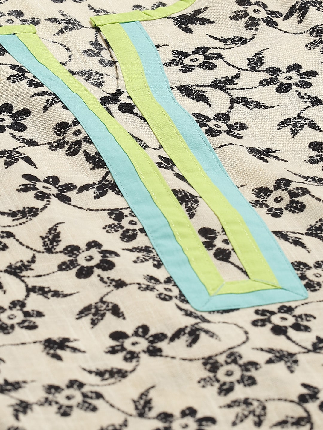 Beige & Black Floral Printed Cotton Kurta