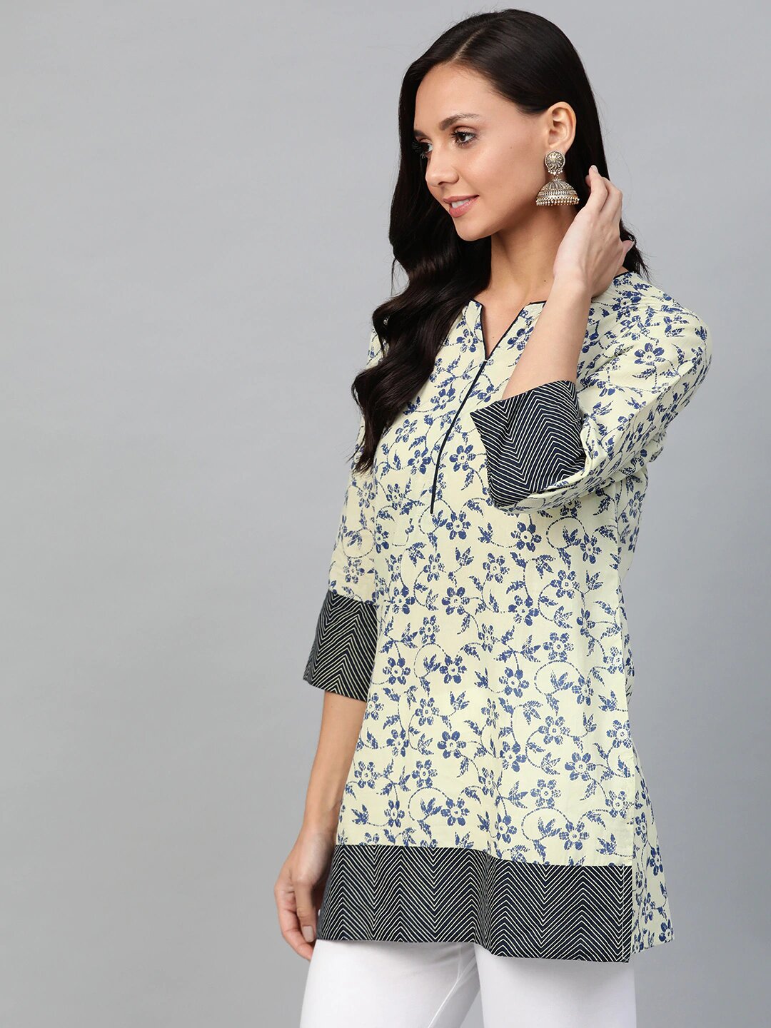 Beige & Black Floral Printed Cotton Tunic