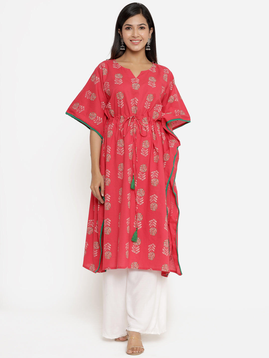 Red Printed Extended Sleeves Kaftan