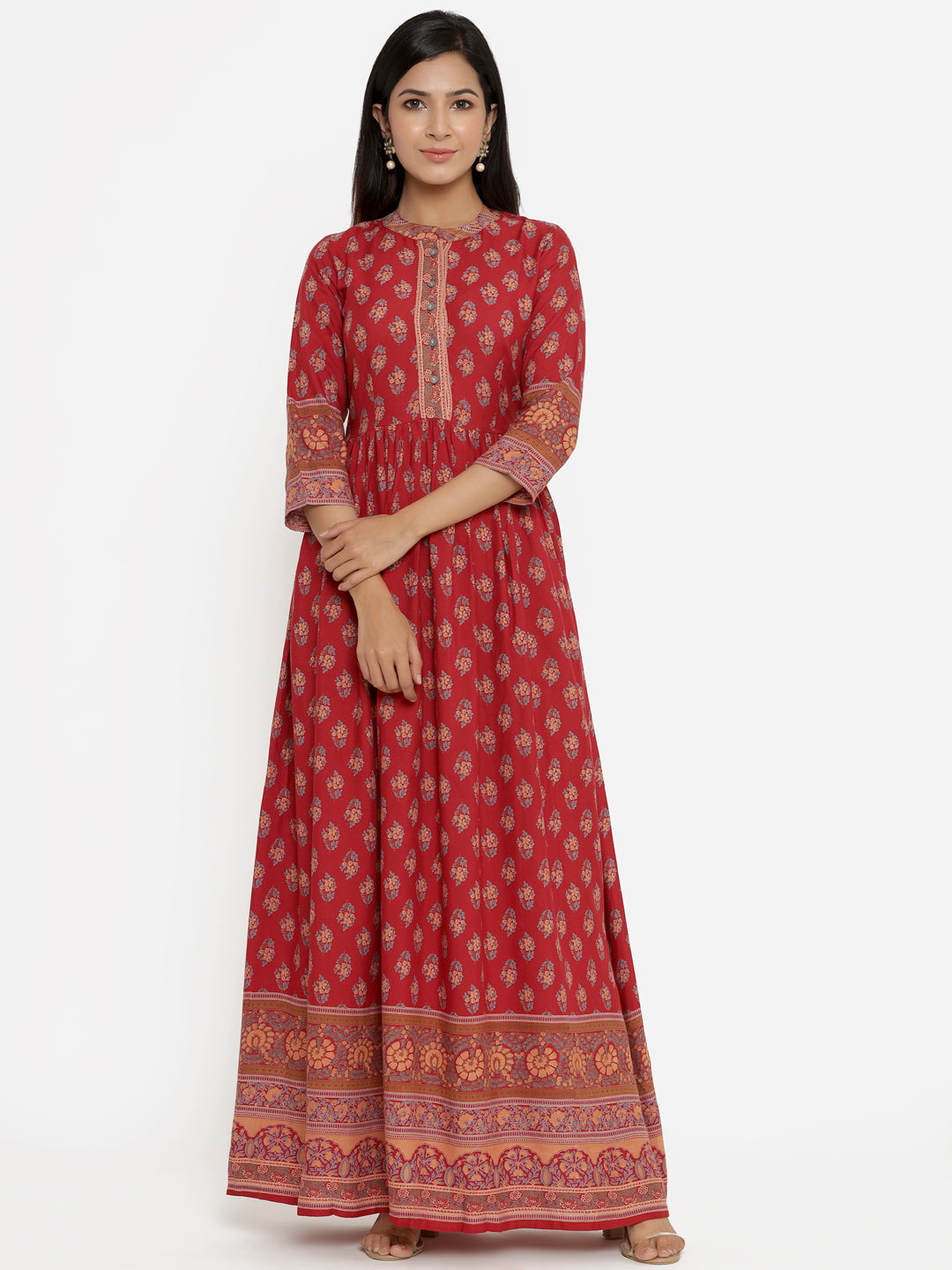 Red Printed Floral Print Viscose Rayon Anarkali