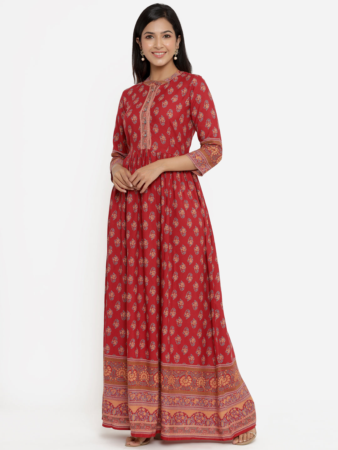 Red Printed Floral Print Viscose Rayon Anarkali