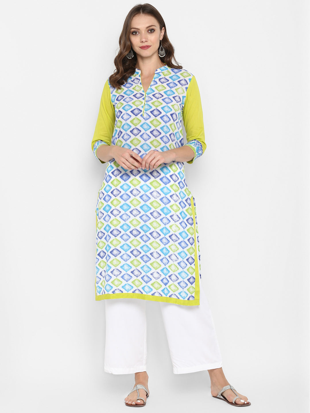 Green Geometric Printed Cotton Kurta