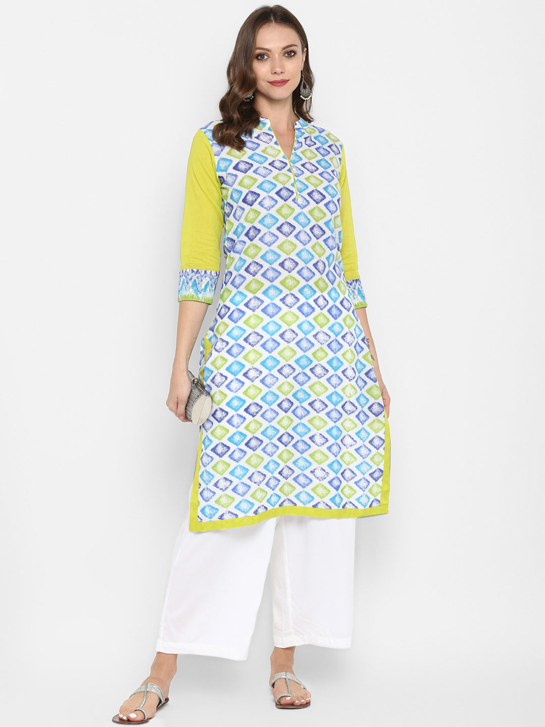 Green Geometric Printed Cotton Kurta