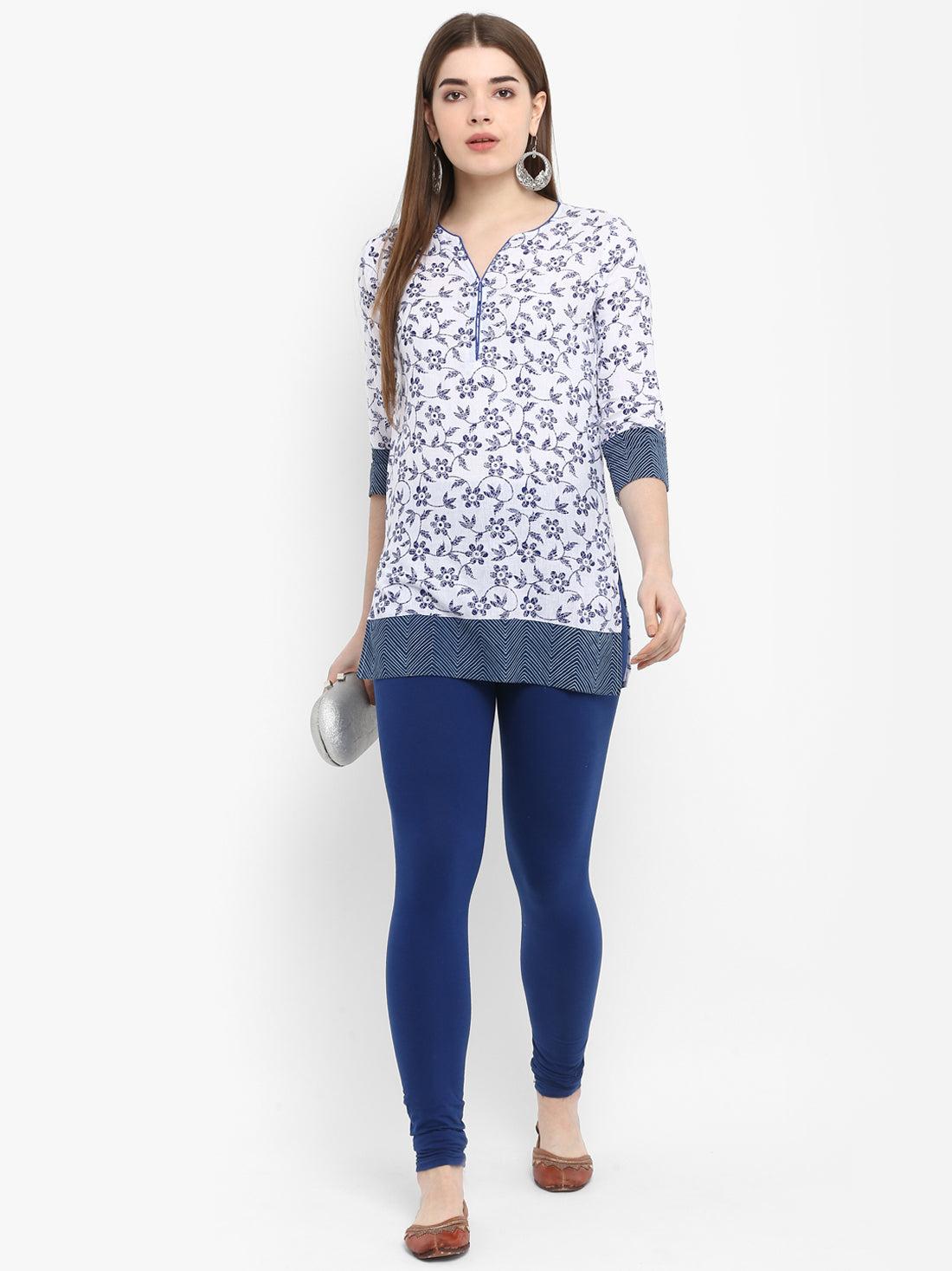White & Blue Floral Printed Cotton Tunic
