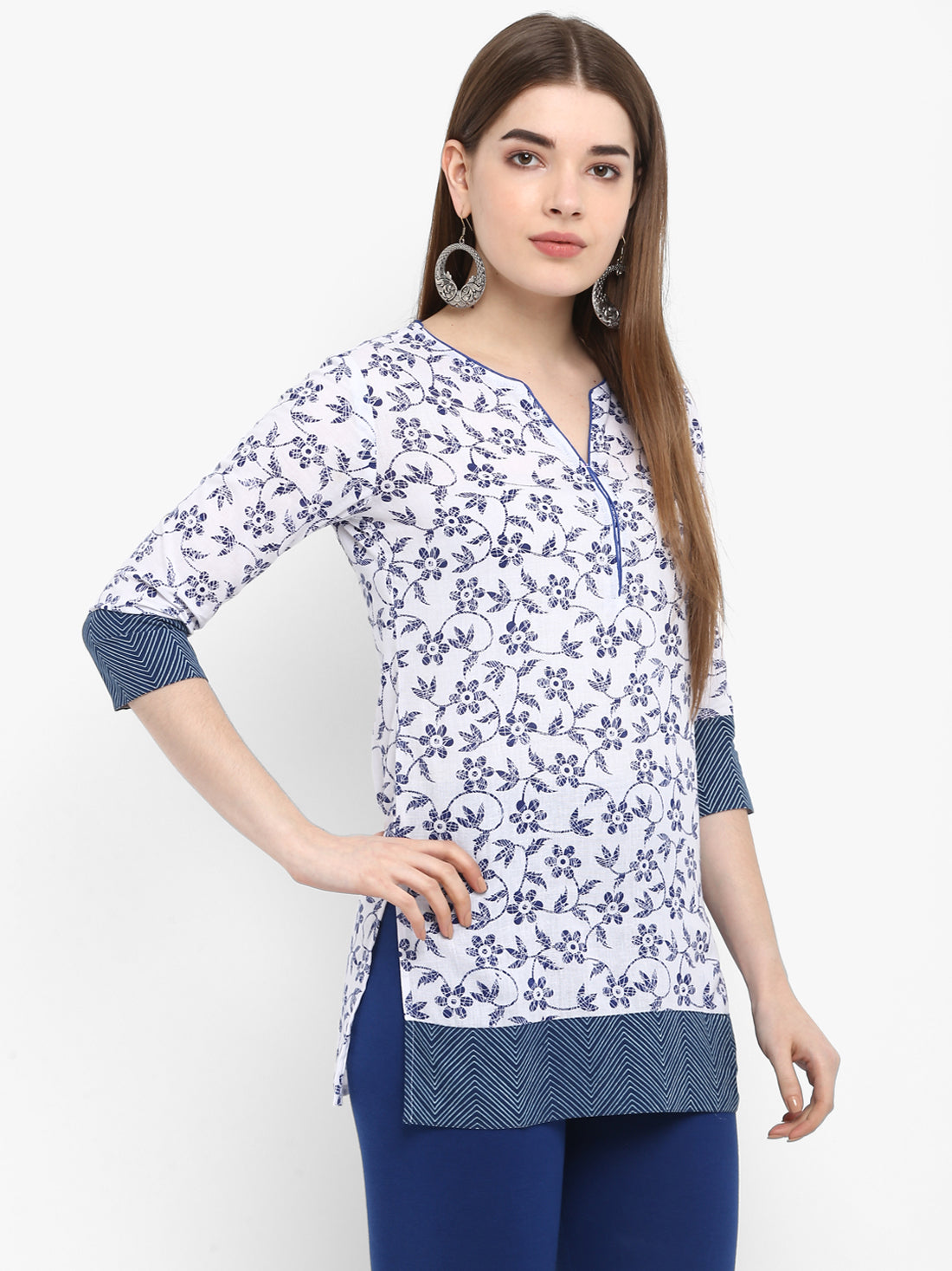 White & Blue Floral Printed Cotton Tunic