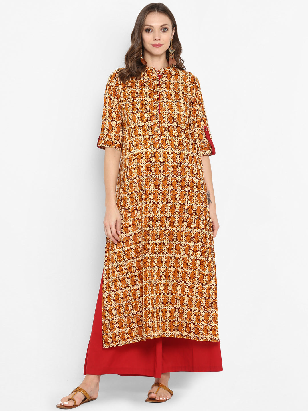Brown Floral Printed Cotton Kurta