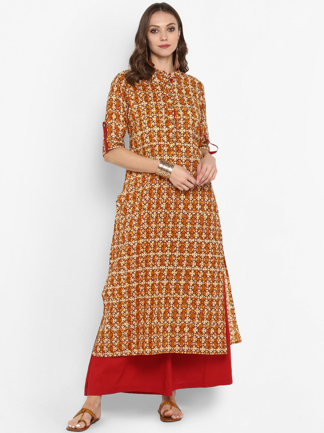 Brown Floral Printed Cotton Kurta