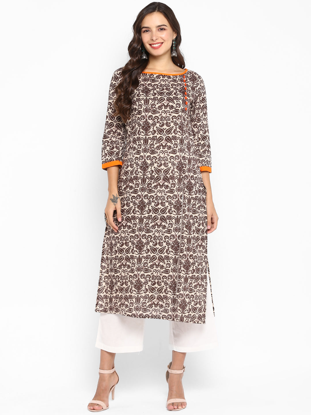 Brown Floral Printed Cotton Kurta