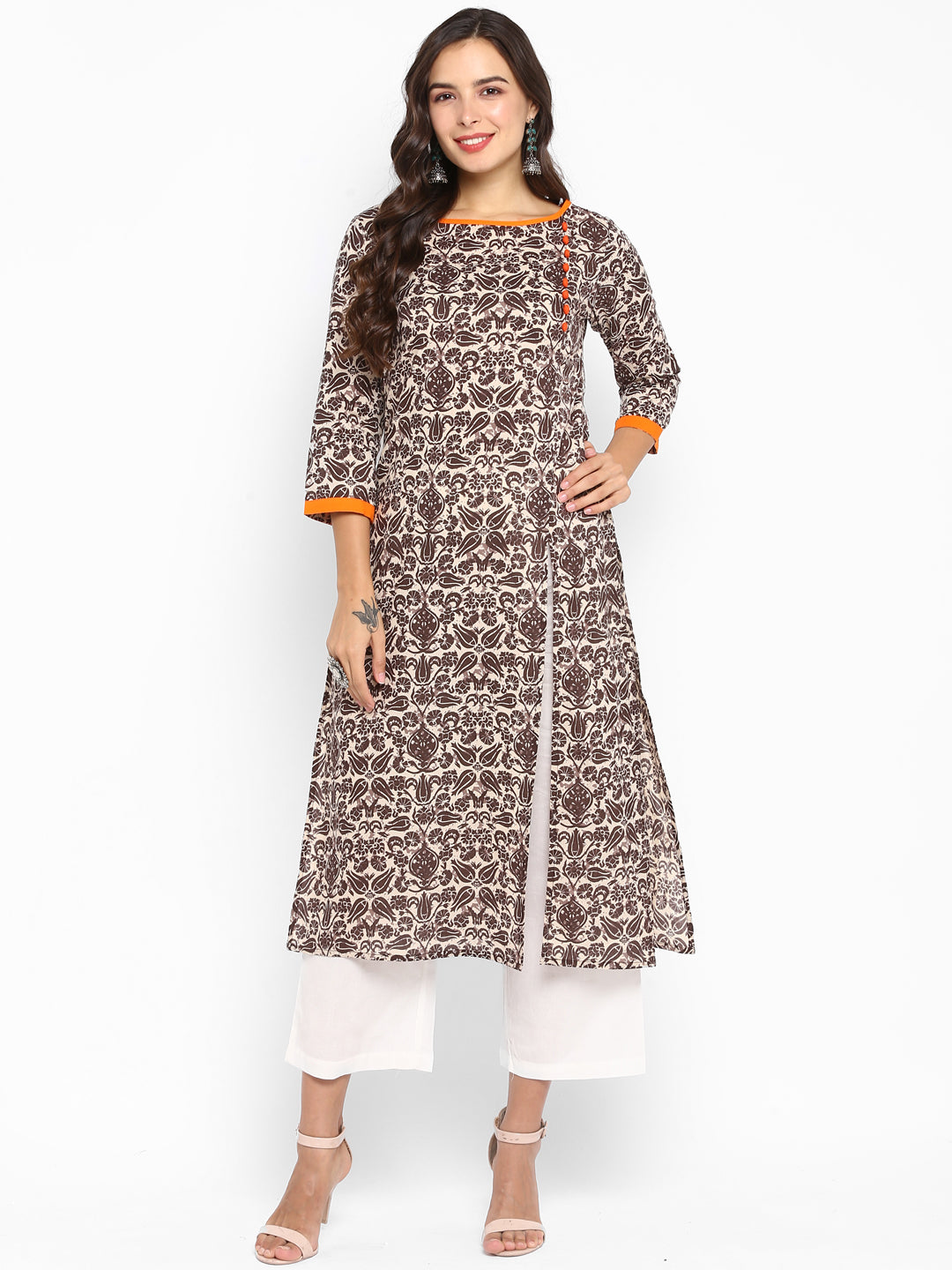 Brown Floral Printed Cotton Kurta