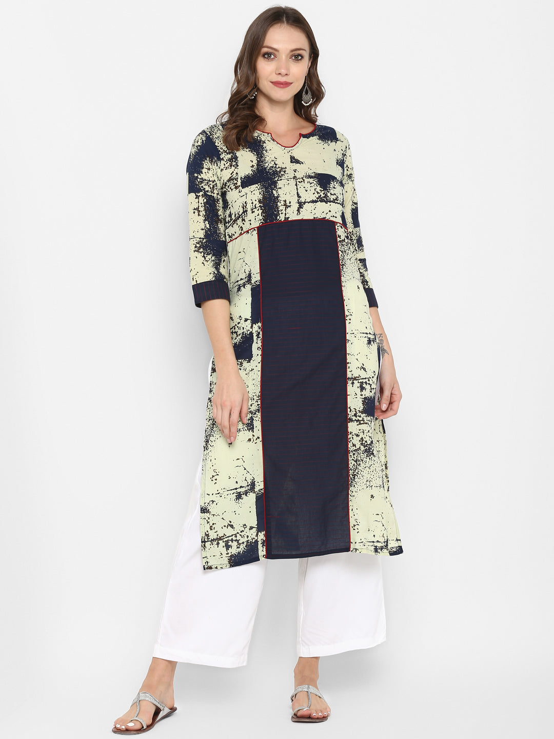 Cream & Blue Abstract Printed Cotton Kurta