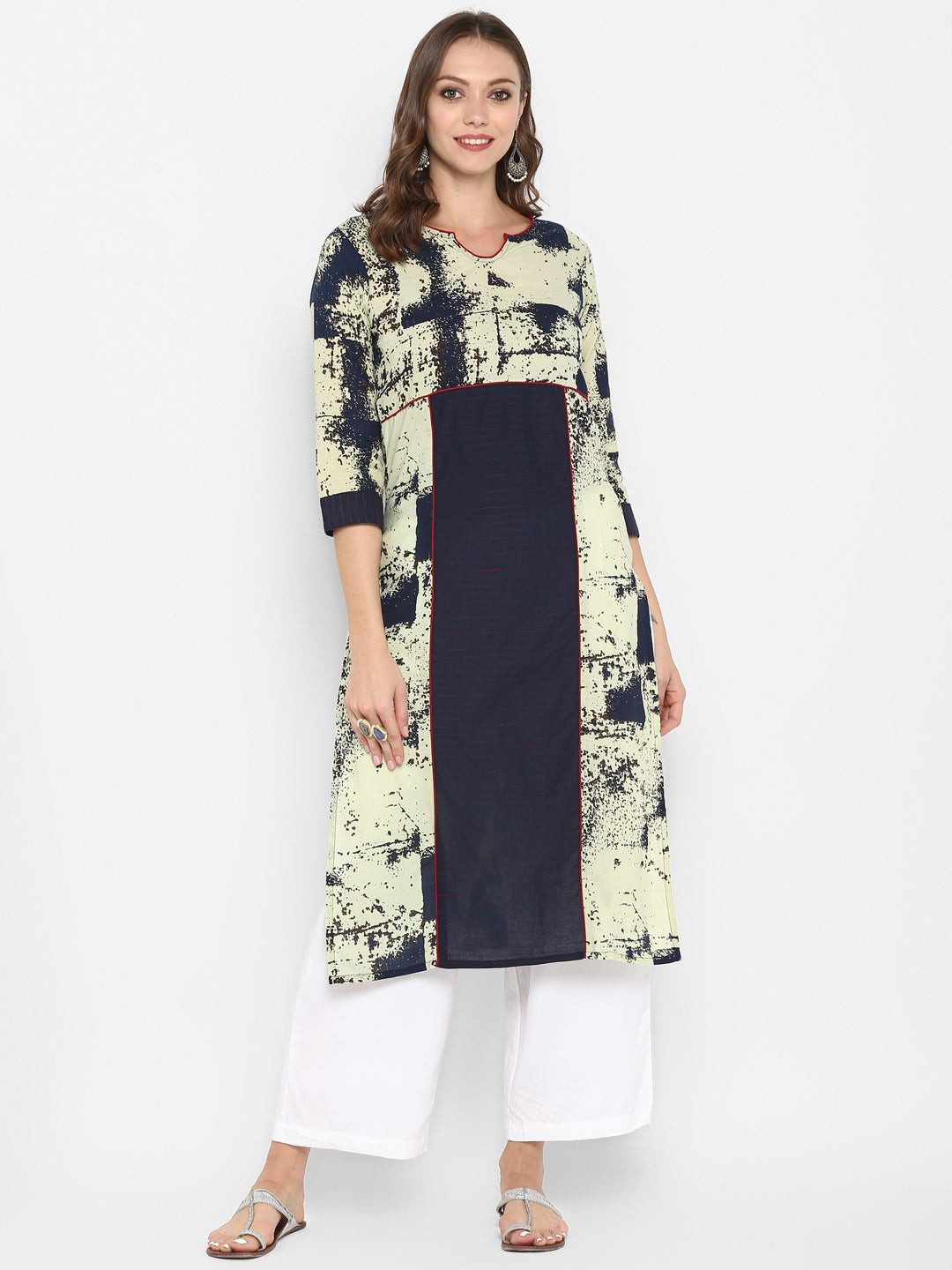 Cream & Blue Abstract Printed Cotton Kurta