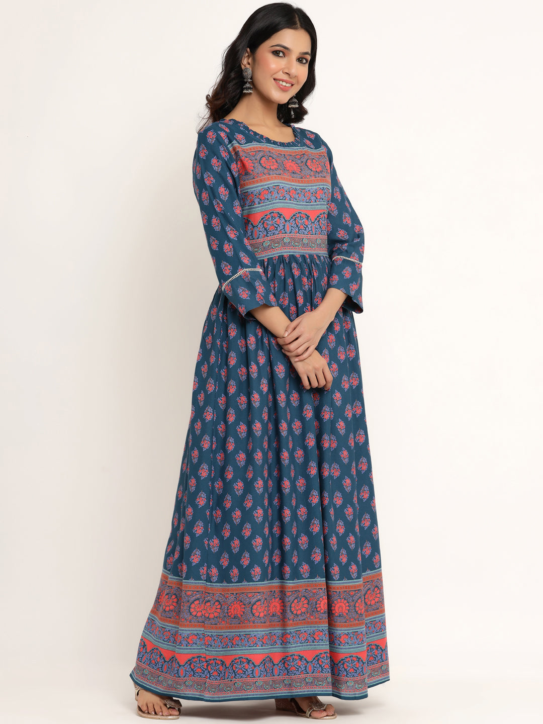 Blue Printed Viscose Rayon Anarkali