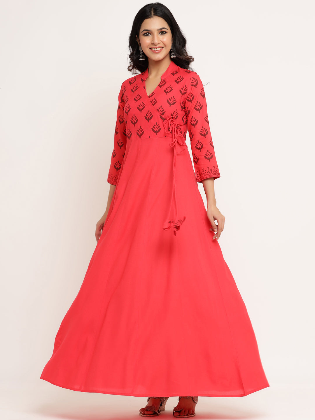 Red Viscose Rayon Hand Block Anarkali