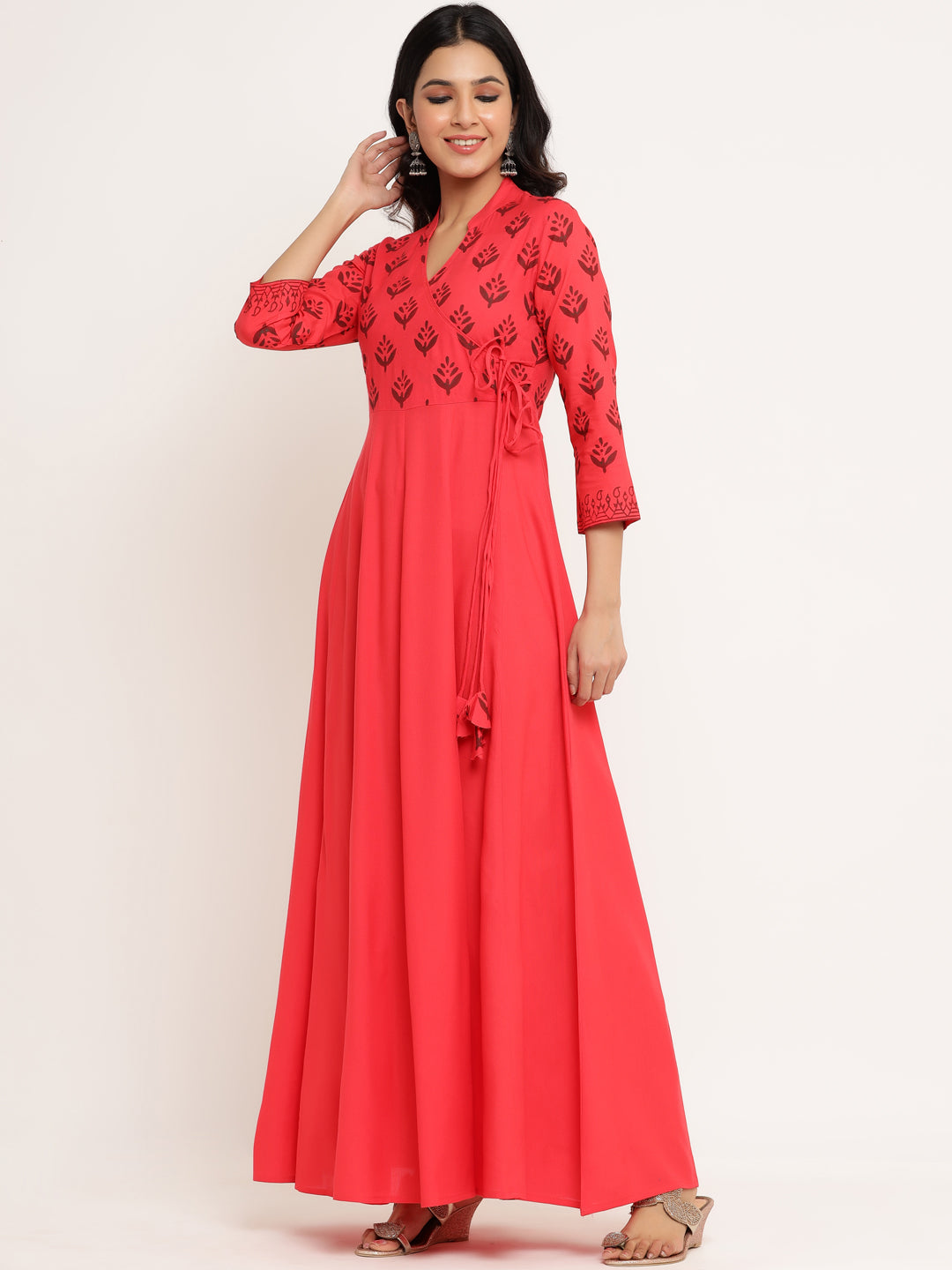 Red Viscose Rayon Hand Block Anarkali