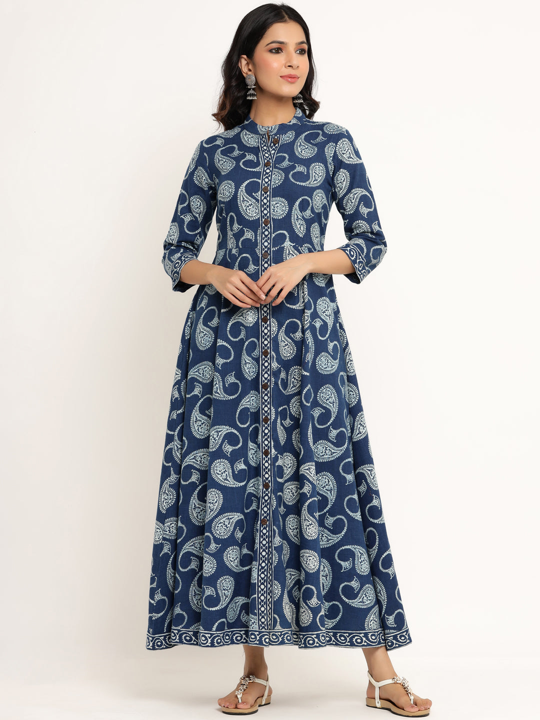 Dabu Printed Cotton Blend Flared Anarkali