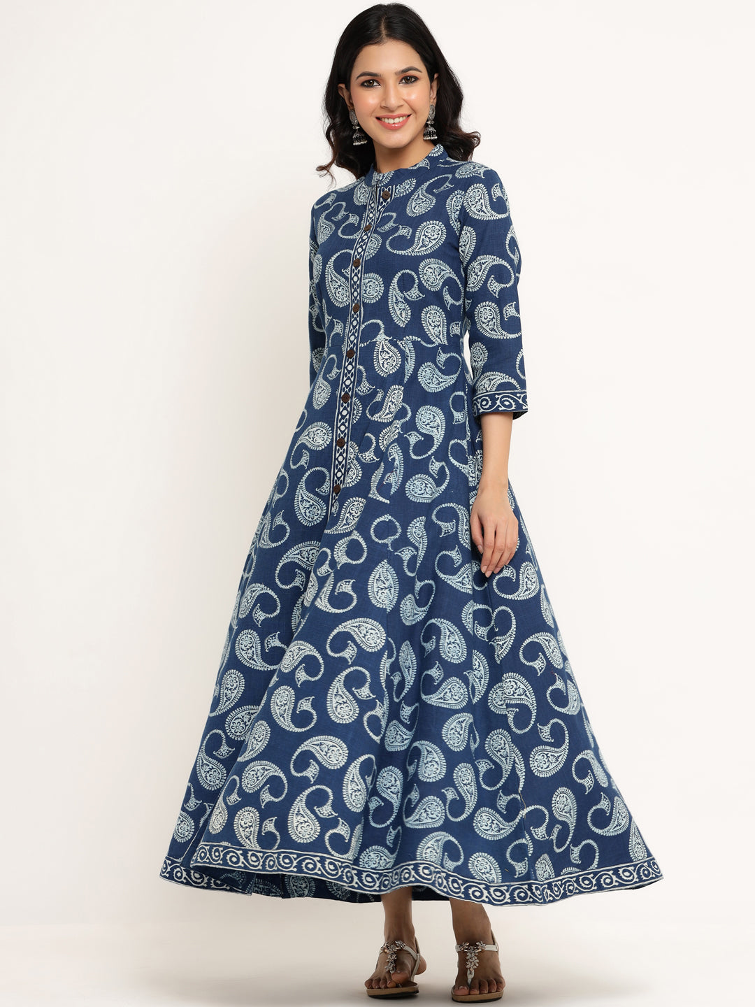 Dabu Printed Cotton Blend Flared Anarkali