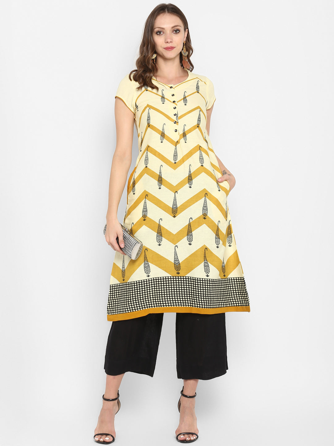 Beige & Mustard Printed Cotton A-Line Kurta