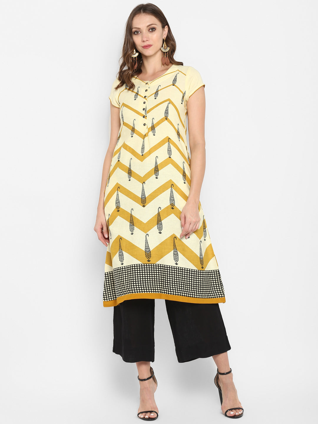 Beige & Mustard Printed Cotton A-Line Kurta