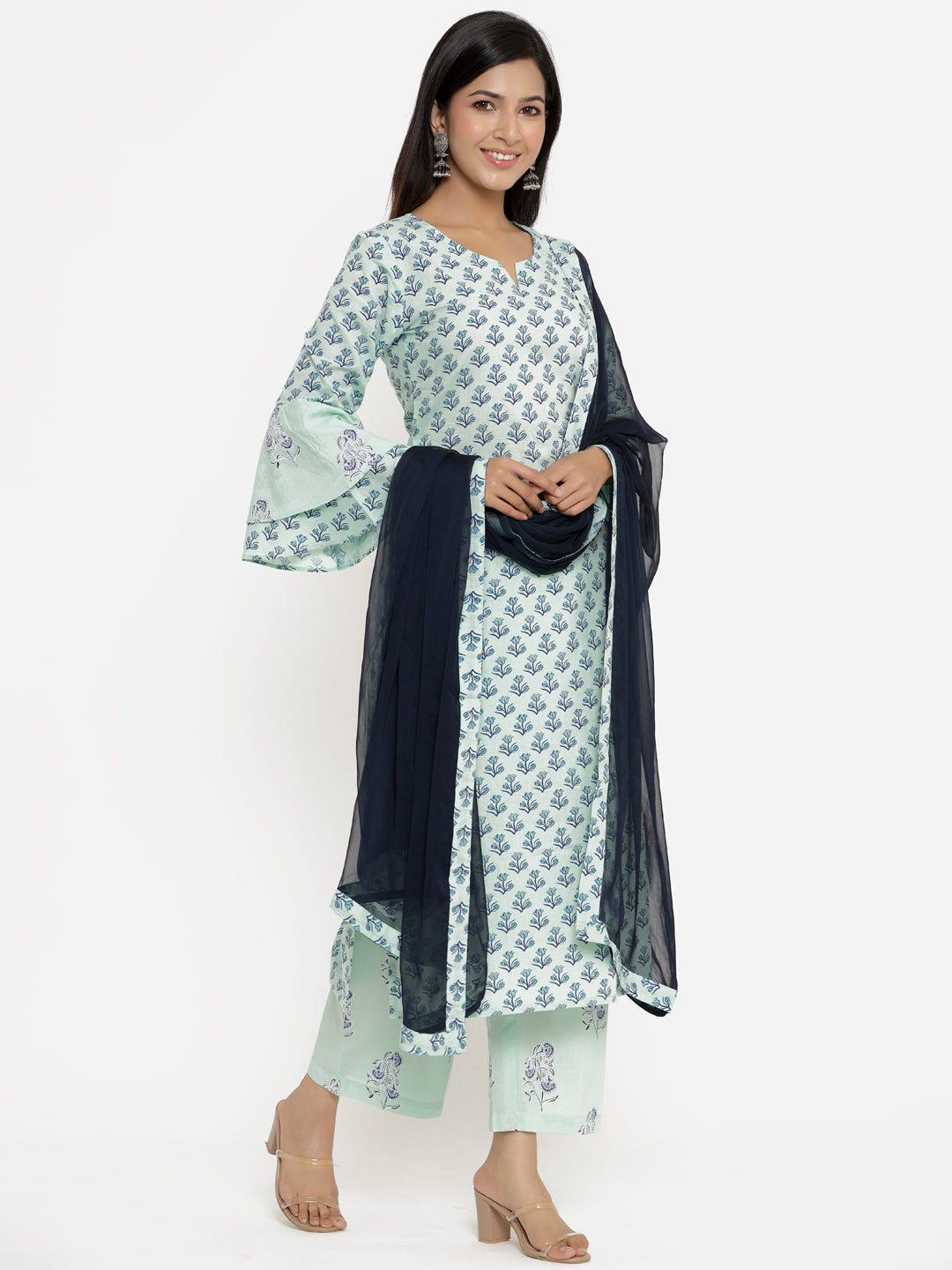 Green Printed Pure Cotton Kurta With Palazzos & Dupatta