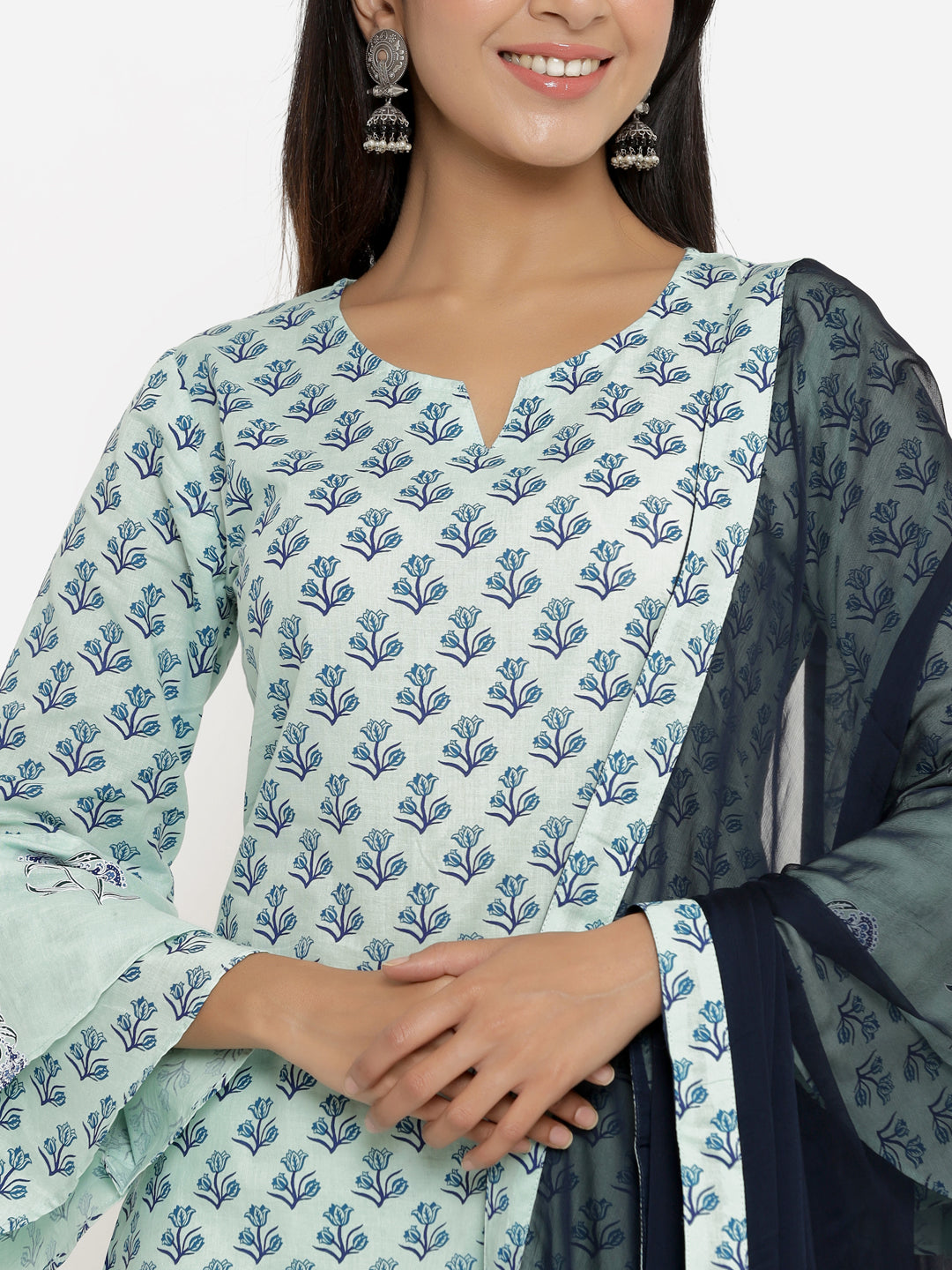 Green Printed Pure Cotton Kurta With Palazzos & Dupatta
