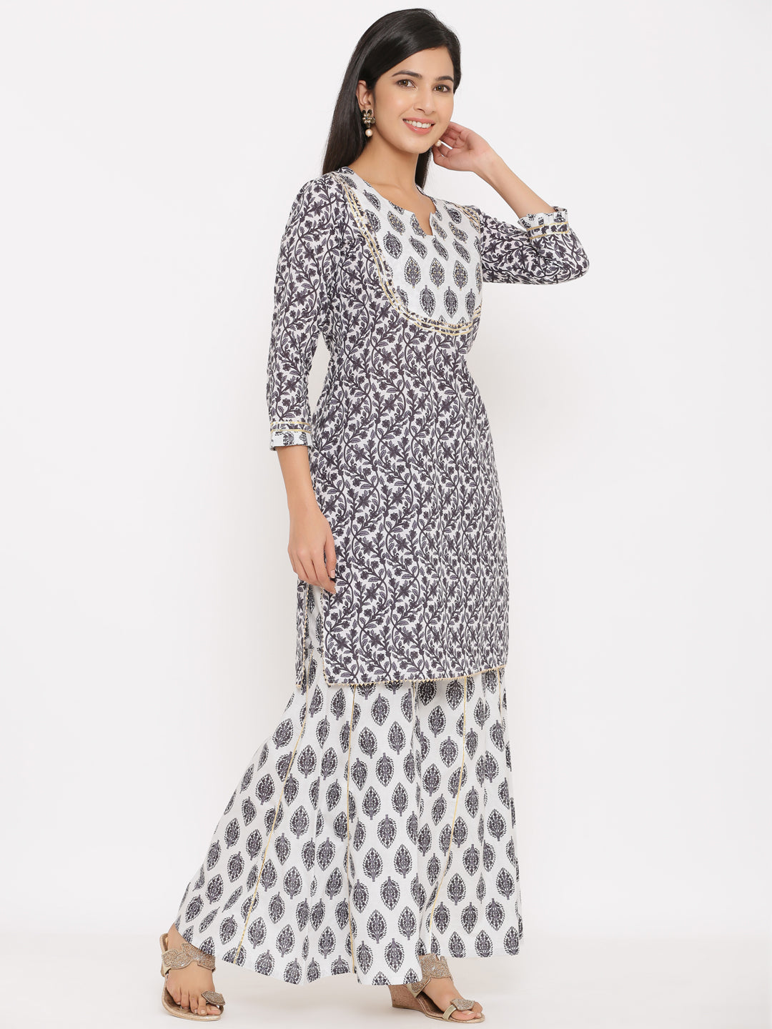 White Hand Block Cotton Sharara Set