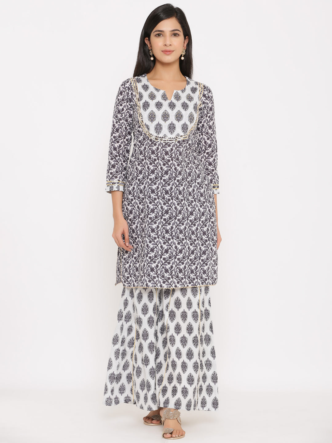 White Hand Block Cotton Sharara Set