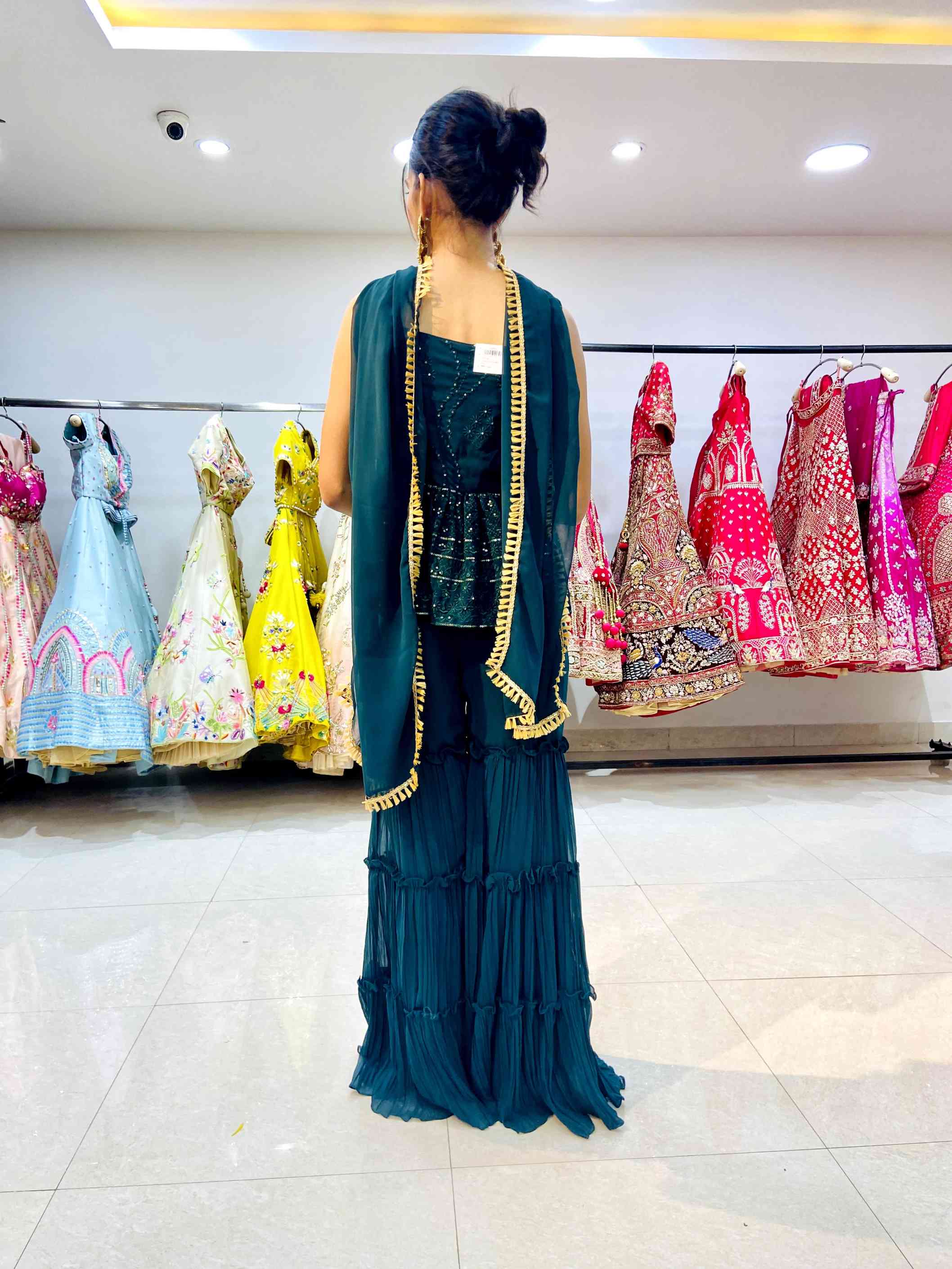 Bottle Green Sequinned Sharara Set - Daabu Jaipur