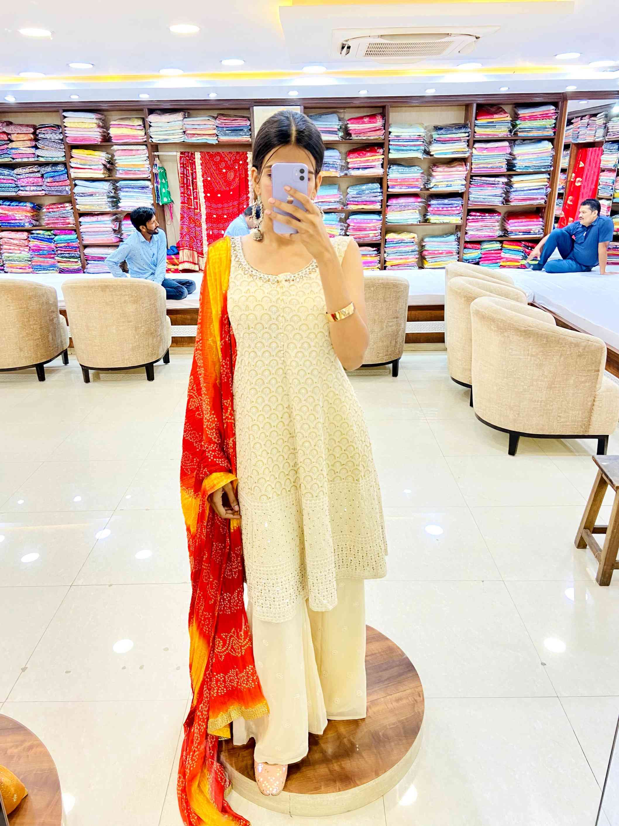 Beige Georgette Sharara Set With Bandhej Dupatta - Daabu Jaipur